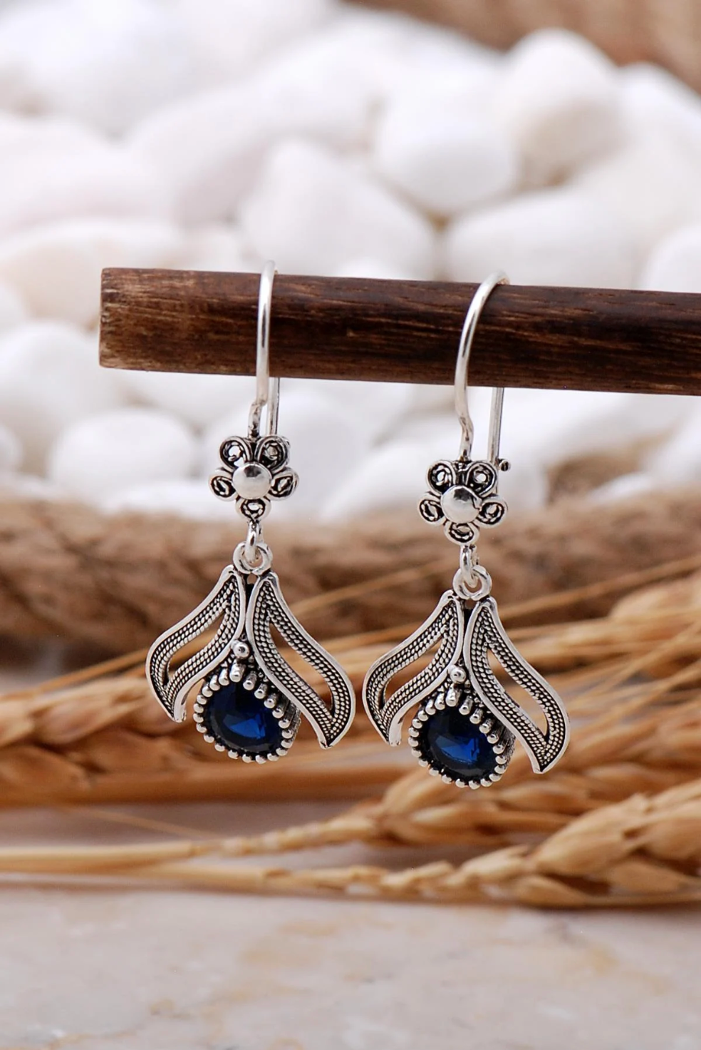 Sapphire Stone Leave Design Handmade Silver Earrings