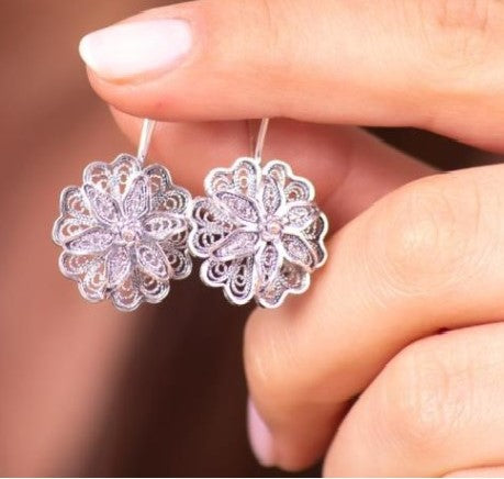 Filigree Embroidered Daisy Design Silver Earrings
