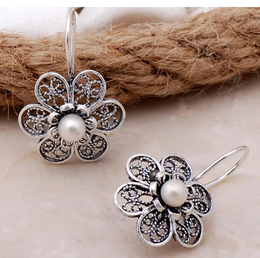Pearl Stone Daisy Design Handmade Silver Earrings