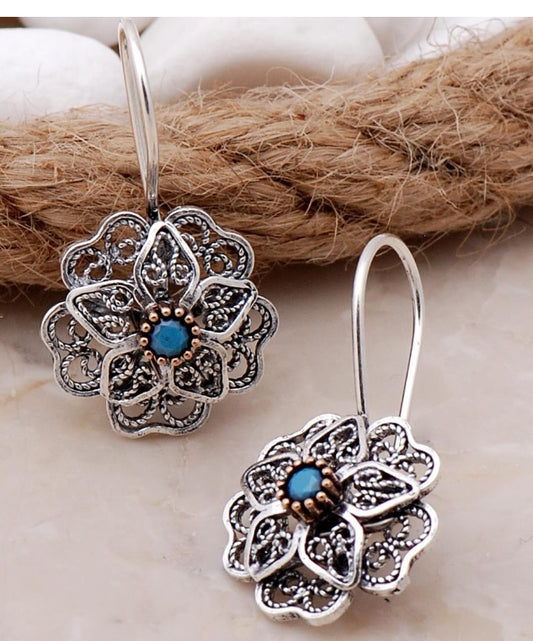 Turquoise Flower Handmade Silver Earrings