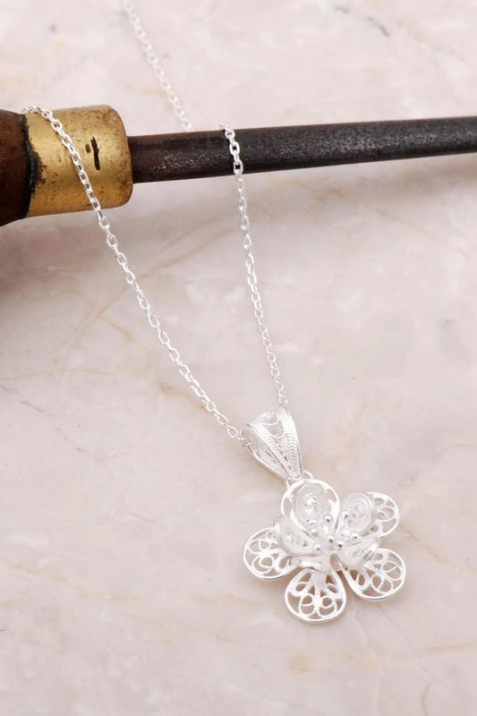 Filigree Embroidered Silver Flower Necklace
