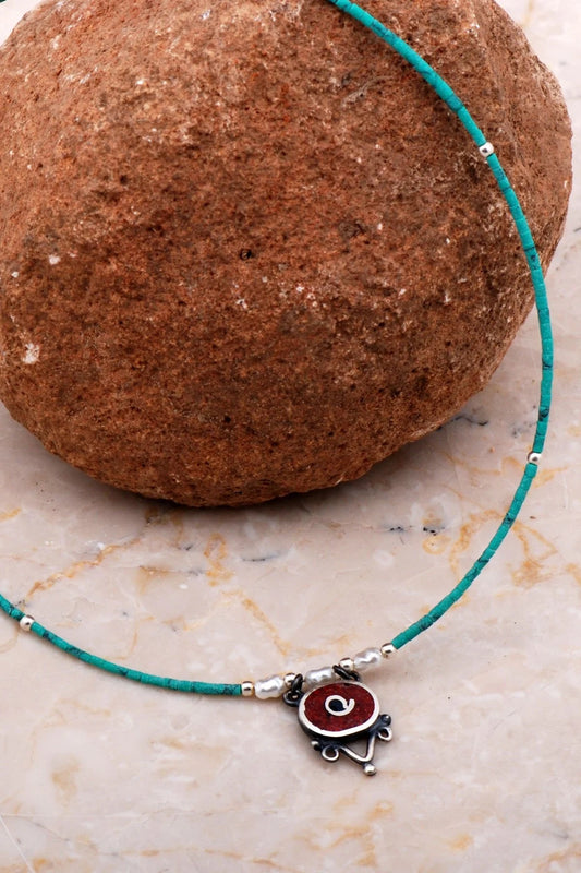 Natural Stone Mosaic Embroidered Silver Necklace